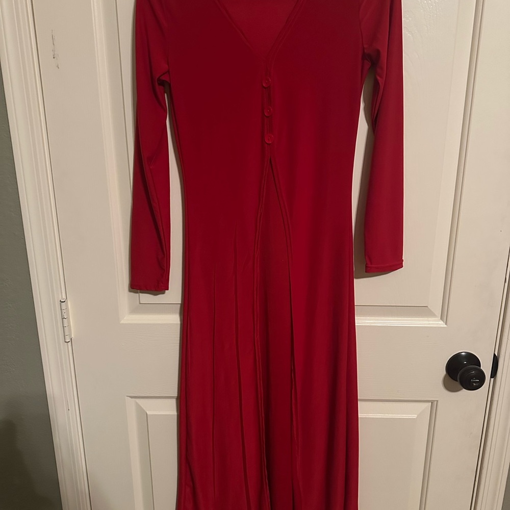 Red Long Sleeve Button Front Tunic Top | Soft Stretch Knit | Flowy Fit